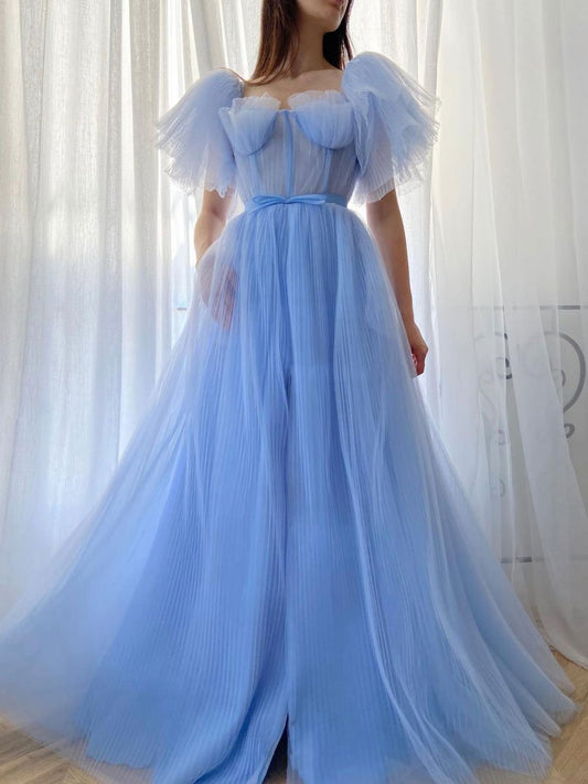 Blue A-line tulle long prom dress, blue tulle formal dress,DS4405