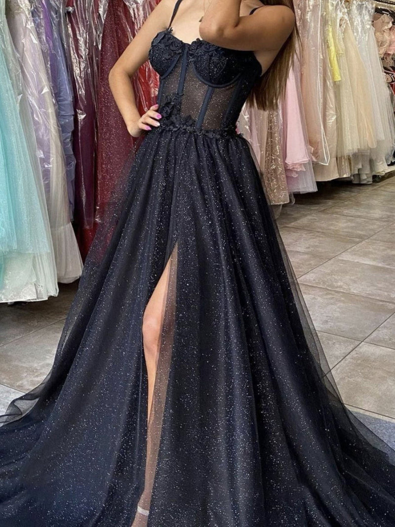 BLACK SWEETHEART NECK TULLE LACE LONG PROM DRESS, BLACK EVENING DRESS,F04751
