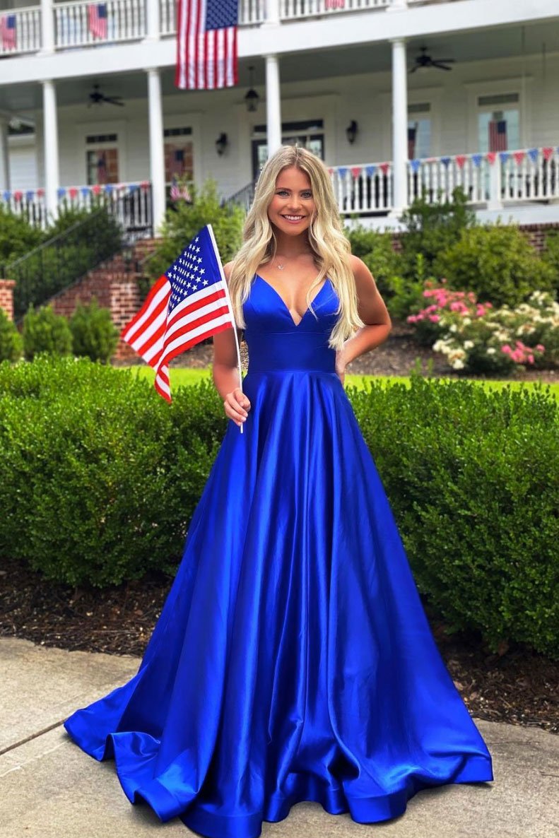 Robe de soirée longue en satin bleu simple à col en V, DS2108
