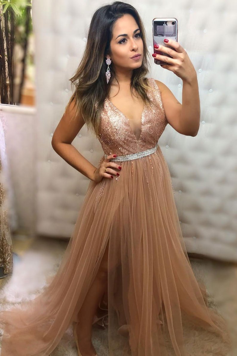 Robe de soirée longue en tulle à paillettes et col en V champagne, DS2120
