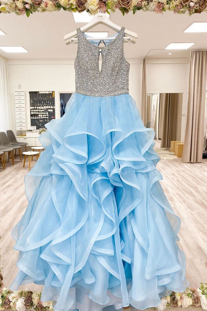 Robe de bal longue en tulle bleu à col rond et paillettes, robe de soirée en tulle bleu, DS2301