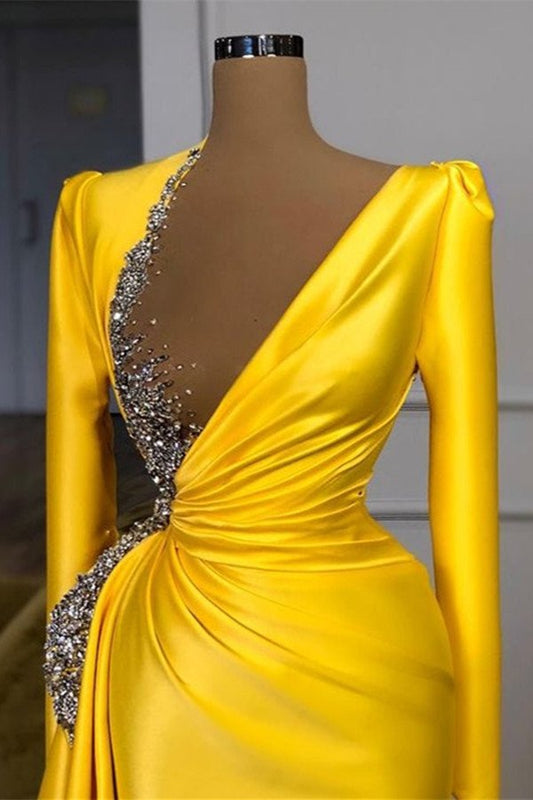 Superbe robe de bal jaune à manches longues et paillettes, DS4686