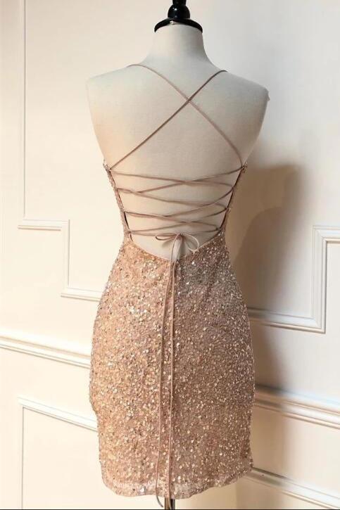 Robe de soirée courte à bretelles scintillantes et paillettes pêche, DH0008