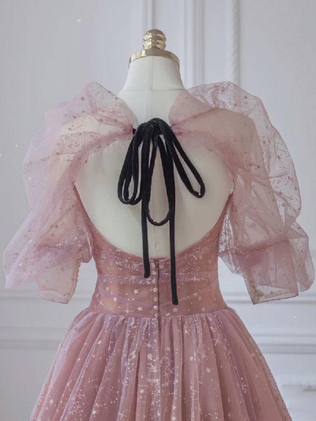 Pink A-line tulle lace long prom dress, pink lace formal dress,DS1952