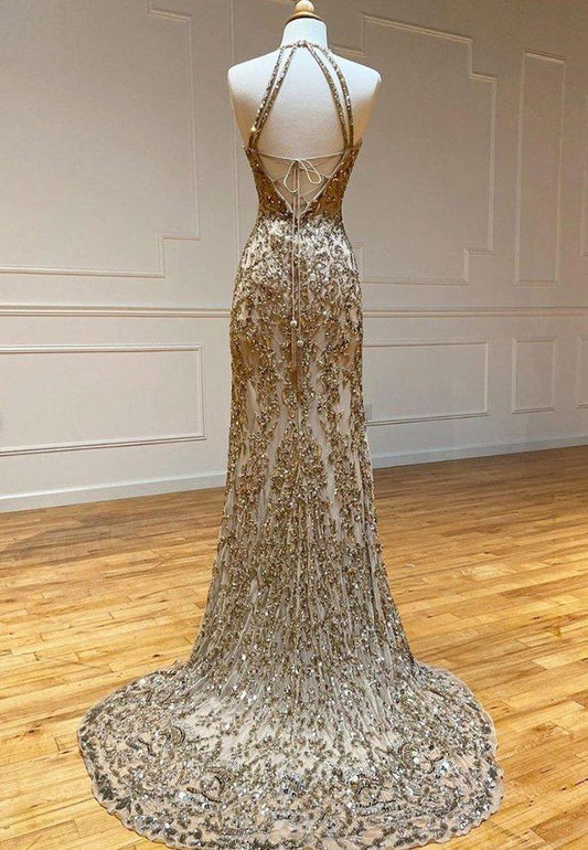 Gold sequins mermaid long prom dress ,DS3017
