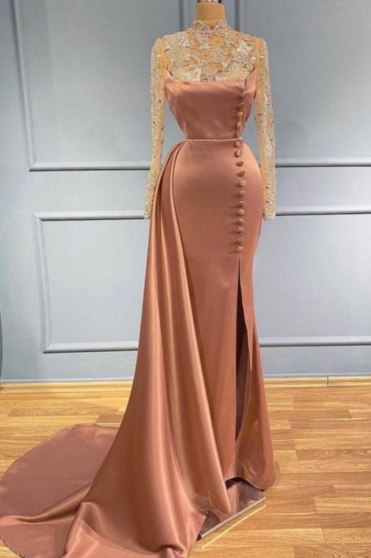 Charmante robe de bal sirène à manches longues, col haut, traîne latérale, paillettes et appliques en dentelle, DS3723