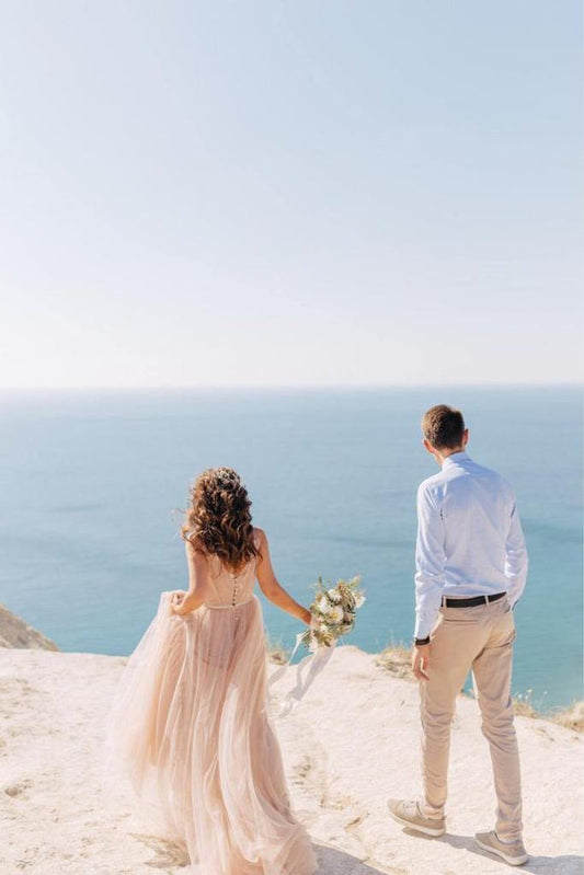 Robe de mariée simple en tulle à col en V et dos nu, robe de plage, DS2678