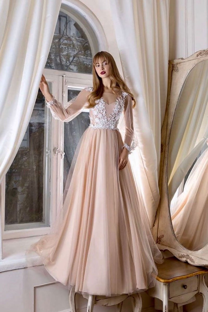 Robe de soirée longue en tulle et dentelle, col en V, couleur champagne, DS2318