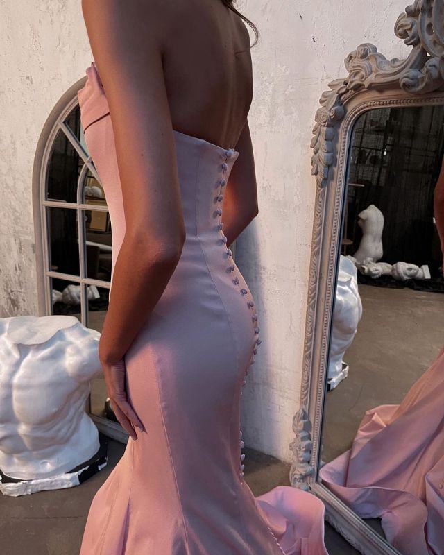 Superbe robe de soirée sirène rose bustier, décolleté en cœur, DS3726