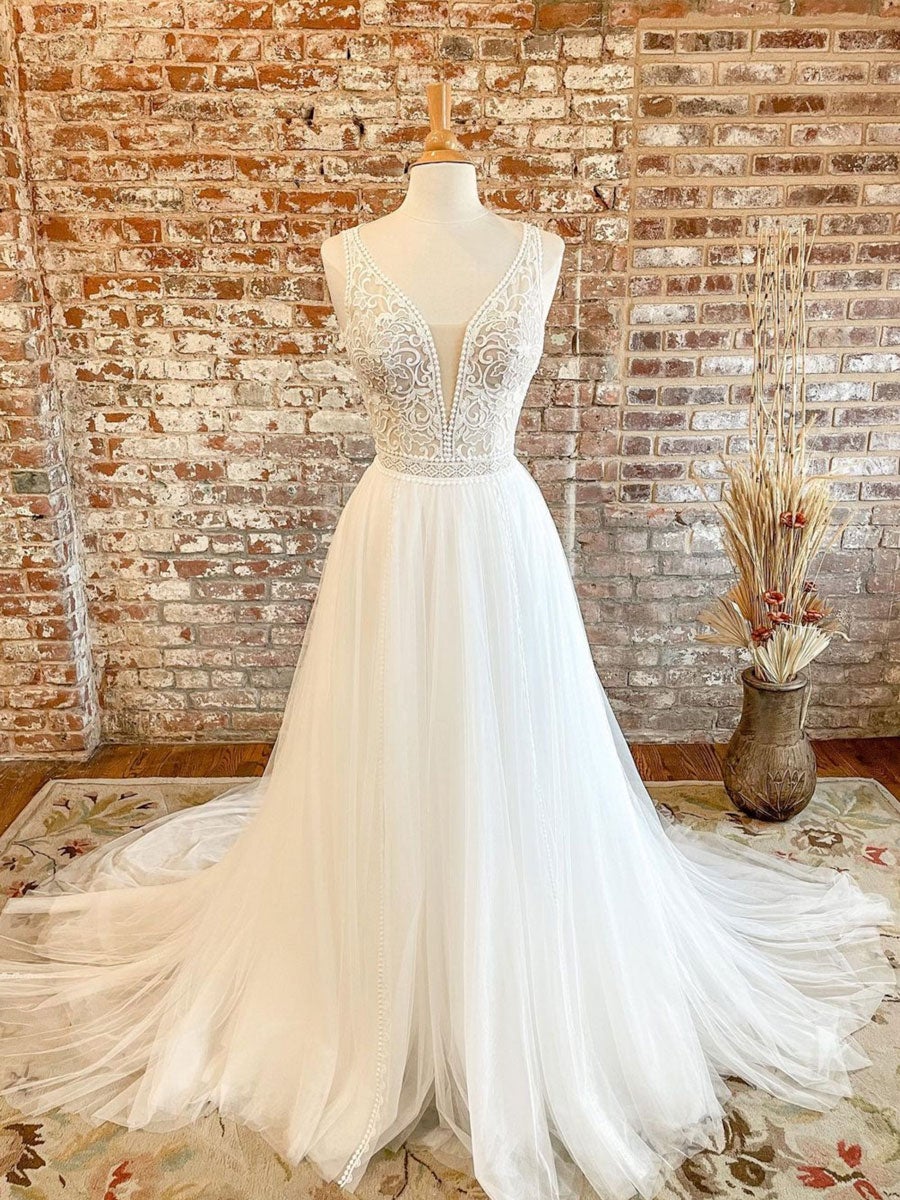 Weißes langes Ballkleid aus Tüll mit V-Ausschnitt, weißes Hochzeitskleid aus Tüll, DS4011