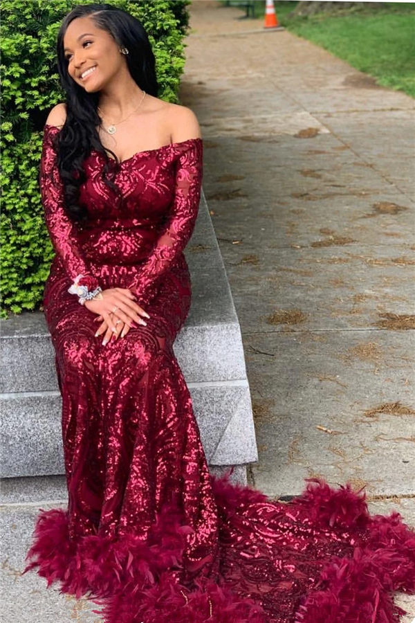 Superbe robe de bal sirène bordeaux à manches longues et paillettes avec plumes, DS4671