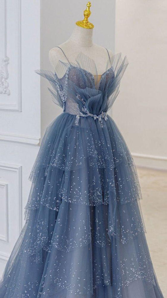 blue tulle sequin long prom dress,DS4365