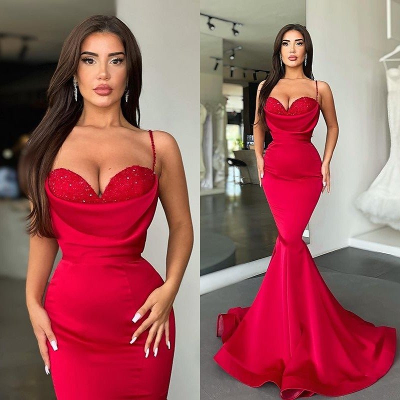 Superbe robe de bal sirène rouge à fines bretelles et perles, DS4681
