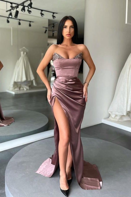 Robe de bal sirène longue fendue à paillettes, décolleté en cœur, DS4601