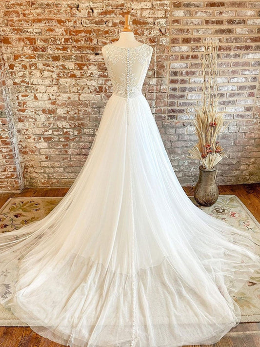 Robe de bal longue en tulle blanc à col en V et dentelle, robe de mariée en tulle blanc, DS4011