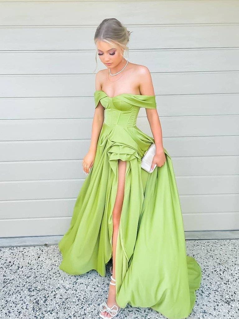 ROBE DE BAL LONGUE EN SATIN SIMPLE, ÉPAULES DÉNUDÉES, ROBE DE SOIRÉE VERTE, DS3393