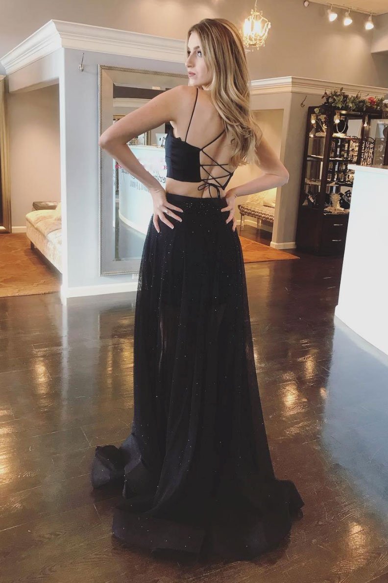 Robe de bal longue en tulle noir deux pièces, robe de soirée noire, DS2092