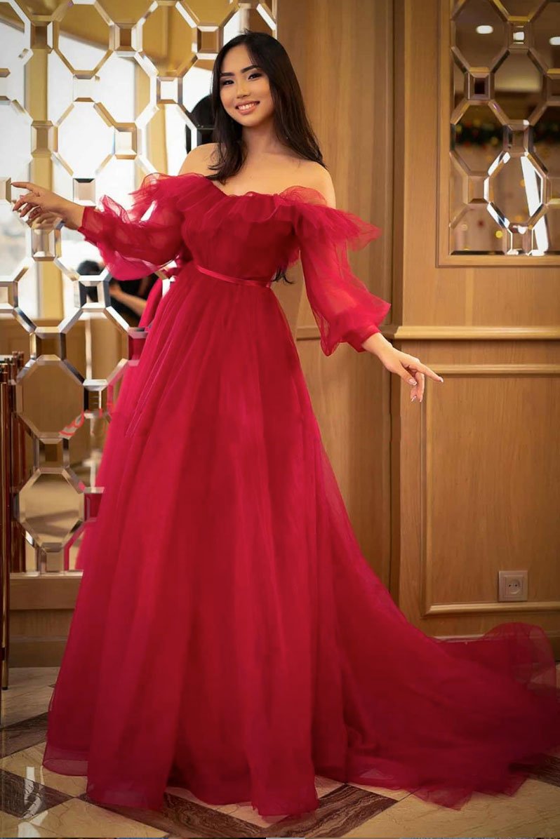 Robe de bal longue en tulle rouge, robe de soirée en tulle rouge, DS2122