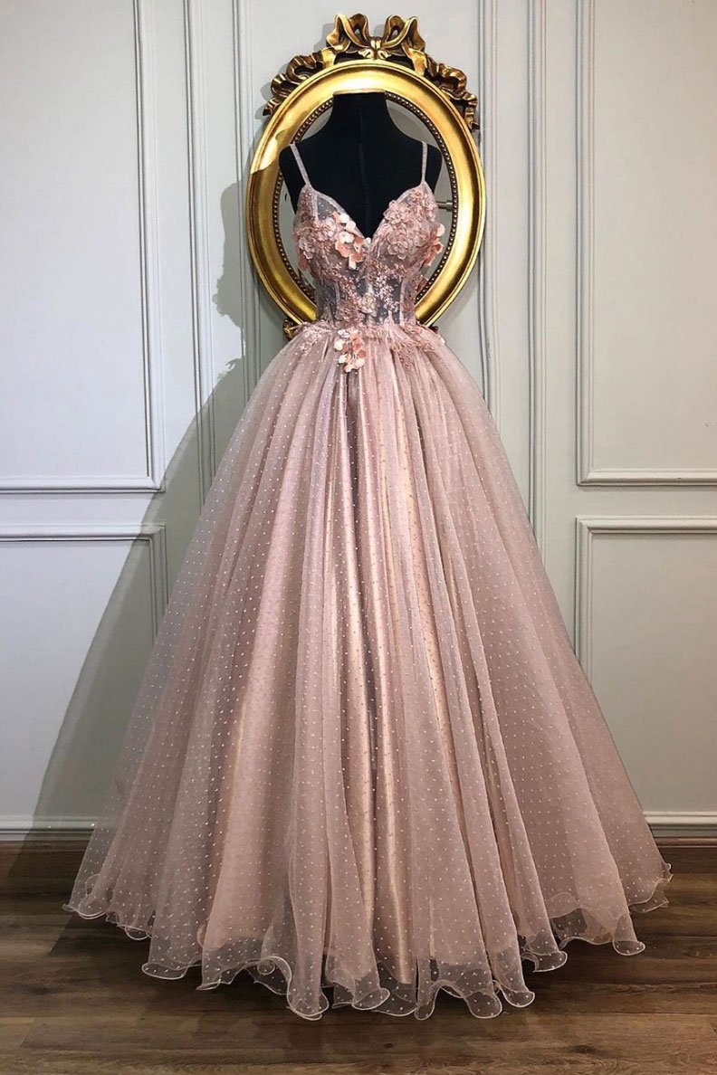 Robe de bal longue en tulle rose à col en cœur et dentelle, robe de soirée en tulle rose, DS2305