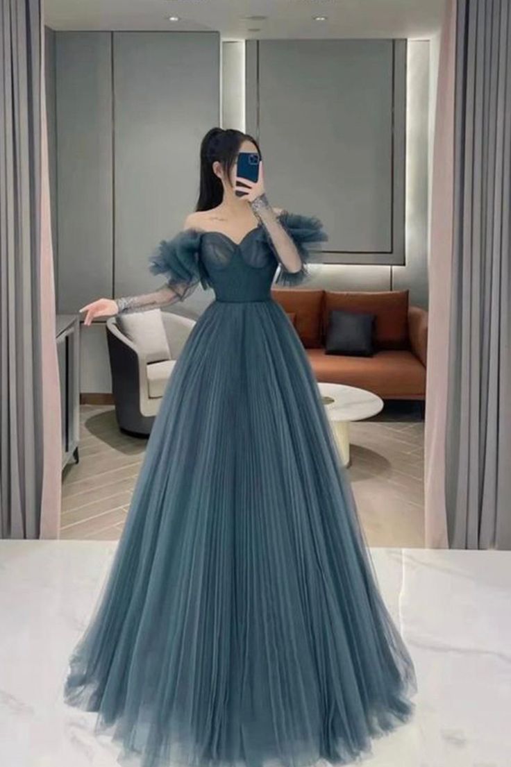 Robe de soirée longue en tulle bleu, coupe trapèze, DS4790