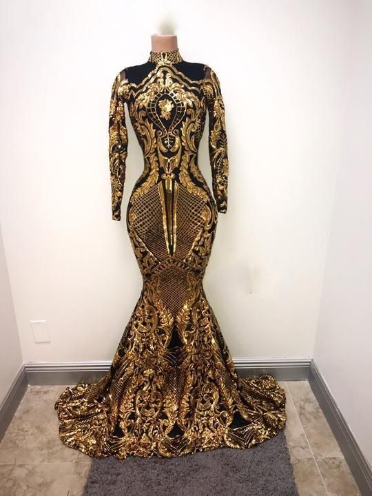 Robe de soirée noire et dorée, col montant, luxueuse, scintillante, DS4875