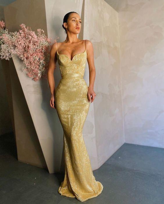 Gorgoues langes Meerjungfrau-Ballkleid mit goldenen Pailletten, DS2704