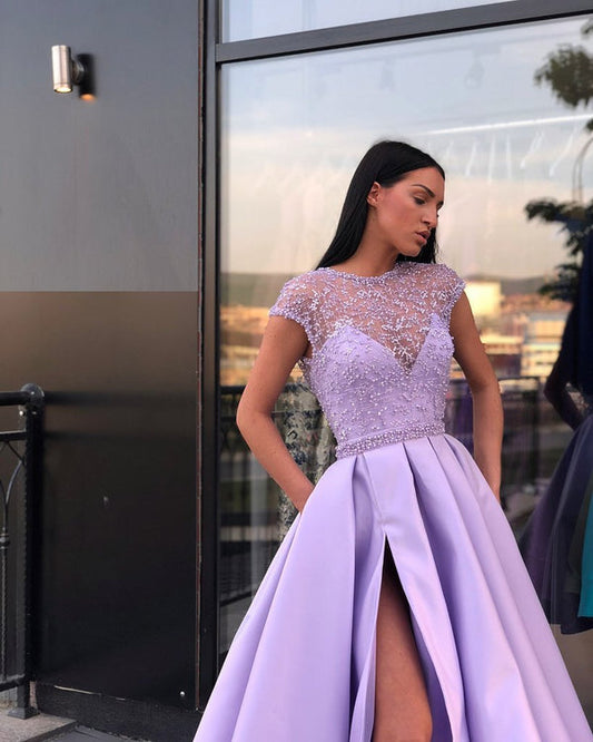Light Purple A Line Satin Slit Cap Sleeves Prom Dresses With Pockets ,DS4467