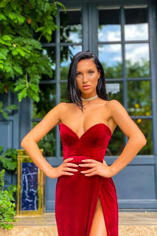 SWEETHEART SEXY BURGUNDY SPLIT PROM DRESS LONG,DS3613