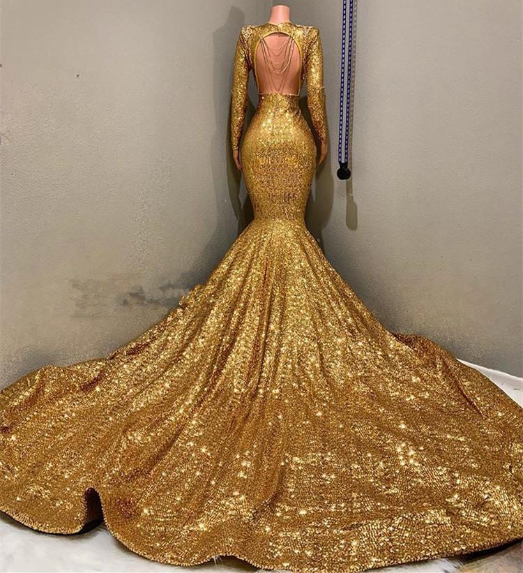 Robe de bal sirène dorée sexy à manches longues, paillettes, col en V, dos nu, longue, DS3610