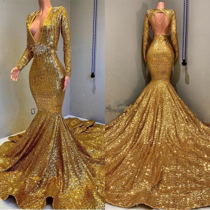 Robe de bal sirène dorée sexy à manches longues, paillettes, col en V, dos nu, longue, DS3610