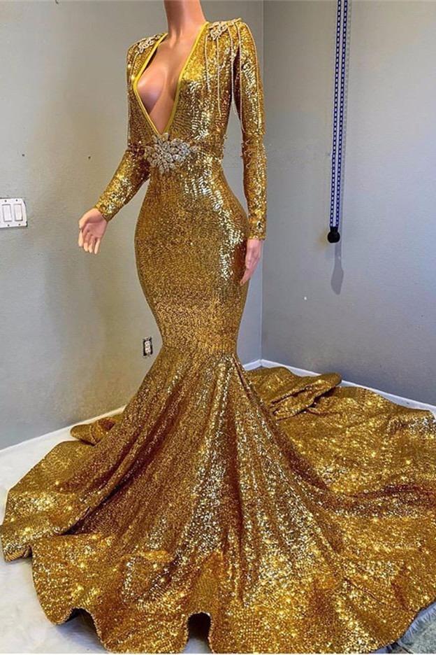 Robe de bal sirène dorée sexy à manches longues, paillettes, col en V, dos nu, longue, DS3610