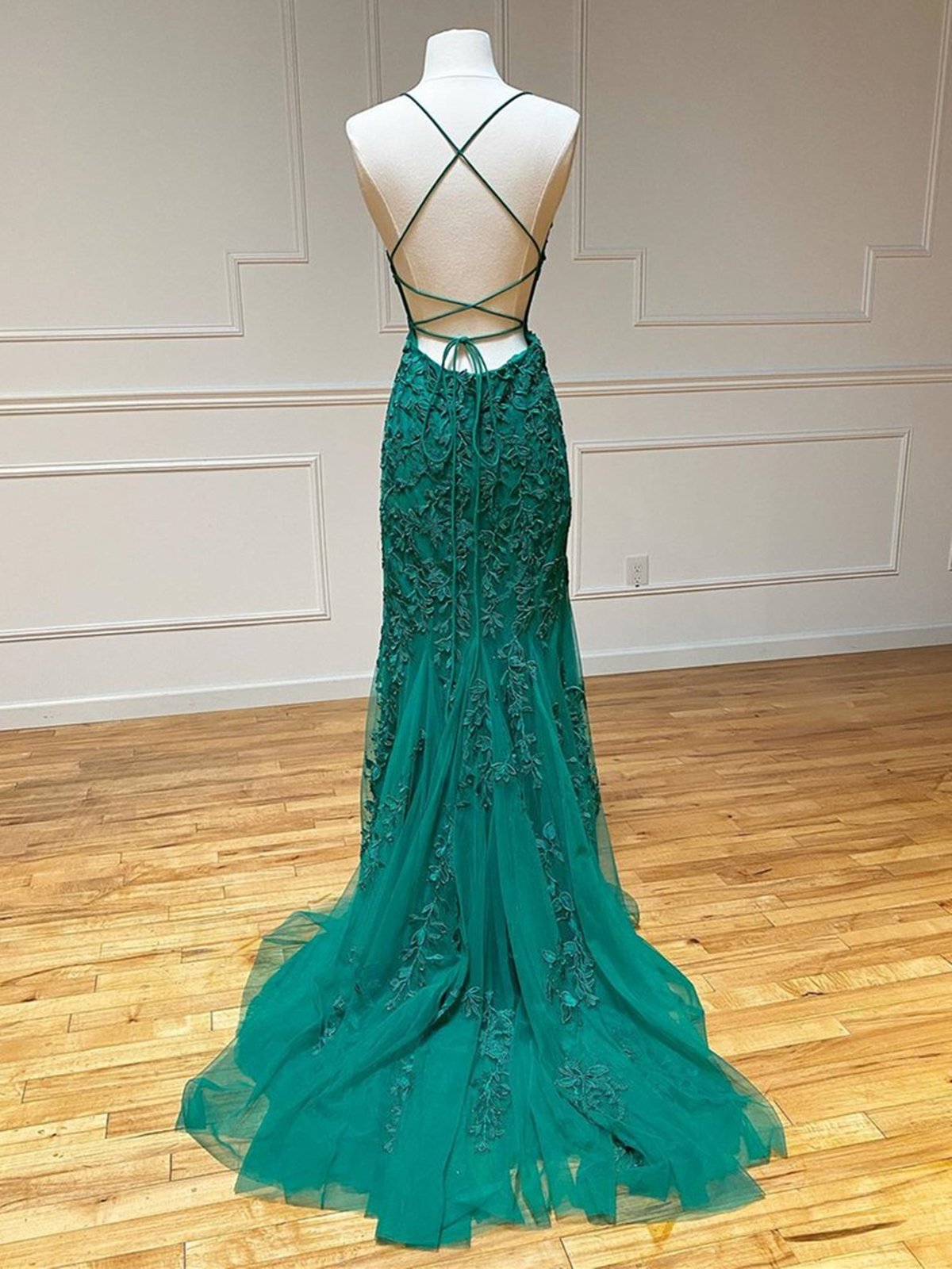 Backless Green Lace Mermaid Prom Dresses, Open Back Mermaid Lace Formal Evening Dresses,DS3075