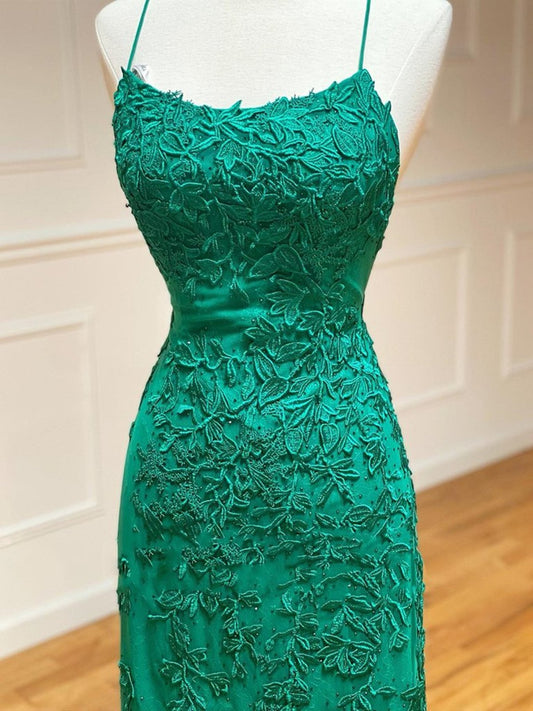 Backless Green Lace Mermaid Prom Dresses, Open Back Mermaid Lace Formal Evening Dresses,DS3075