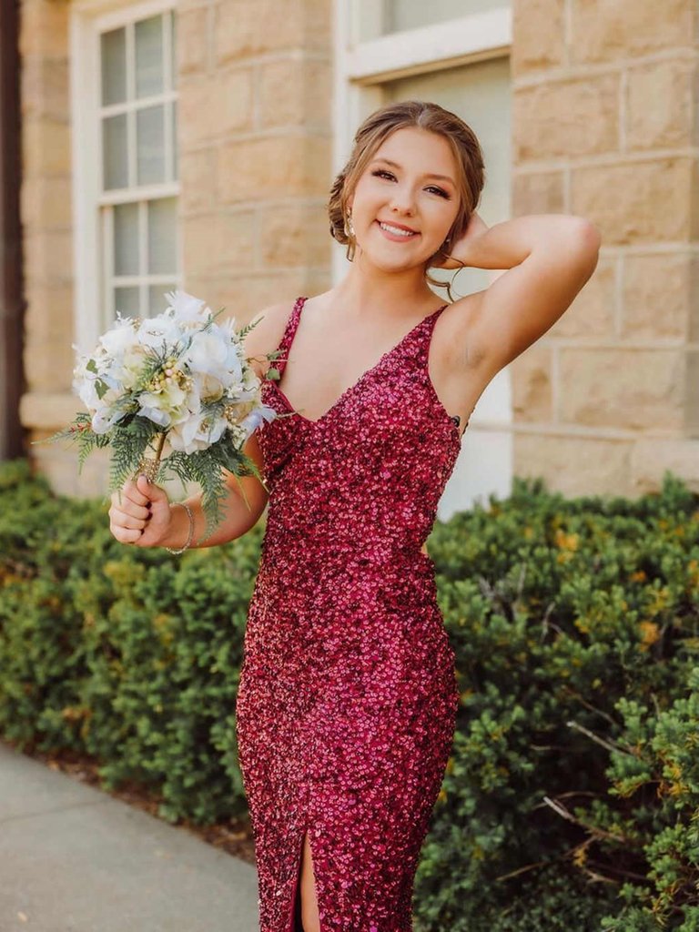 Robe de bal sirène bordeaux à col en V et paillettes, robe de soirée sirène rouge vin à col en V, DS2702