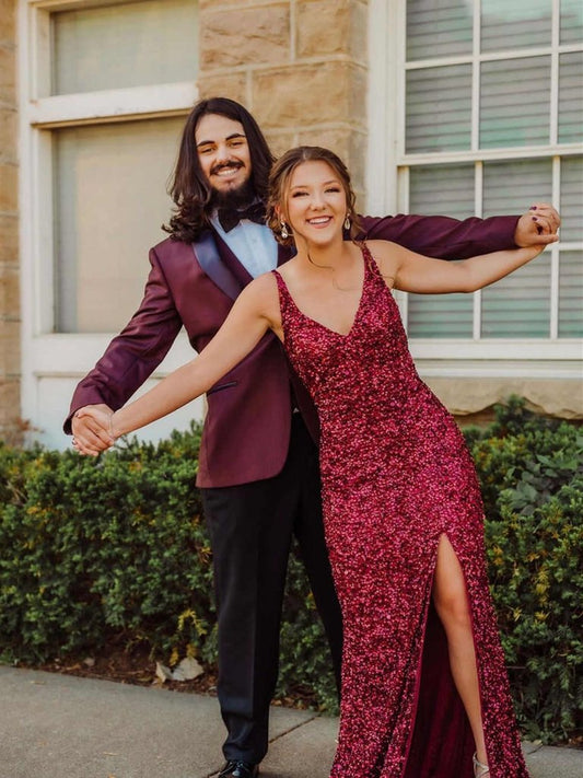 Bling Bling V Neck Mermaid Burgundy Prom Dresses, Wine Red Mermaid V Neck Formal Evening Dresses,DS2702