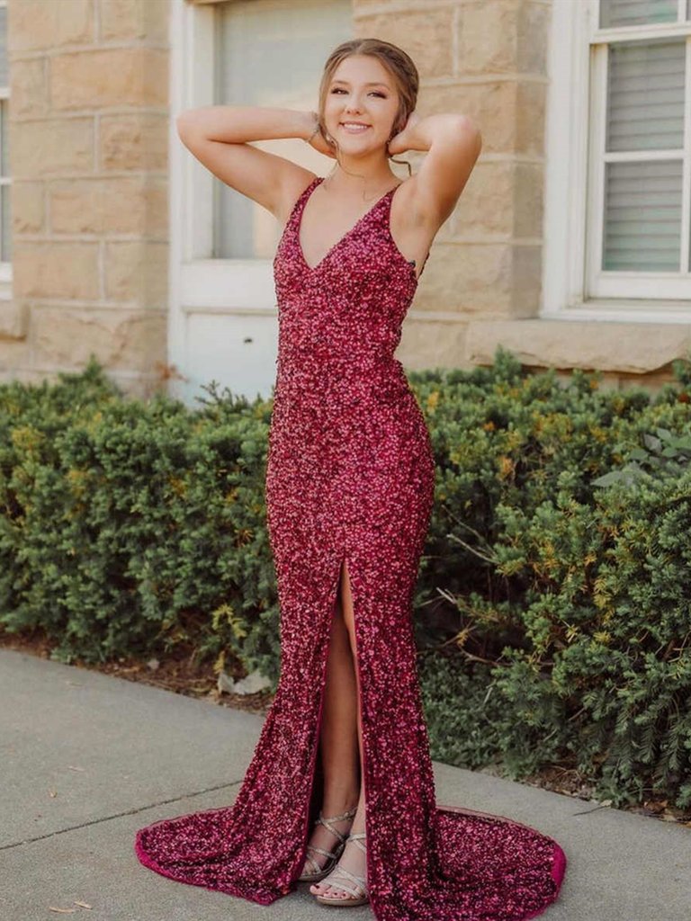Robe de bal sirène bordeaux à col en V et paillettes, robe de soirée sirène rouge vin à col en V, DS2702