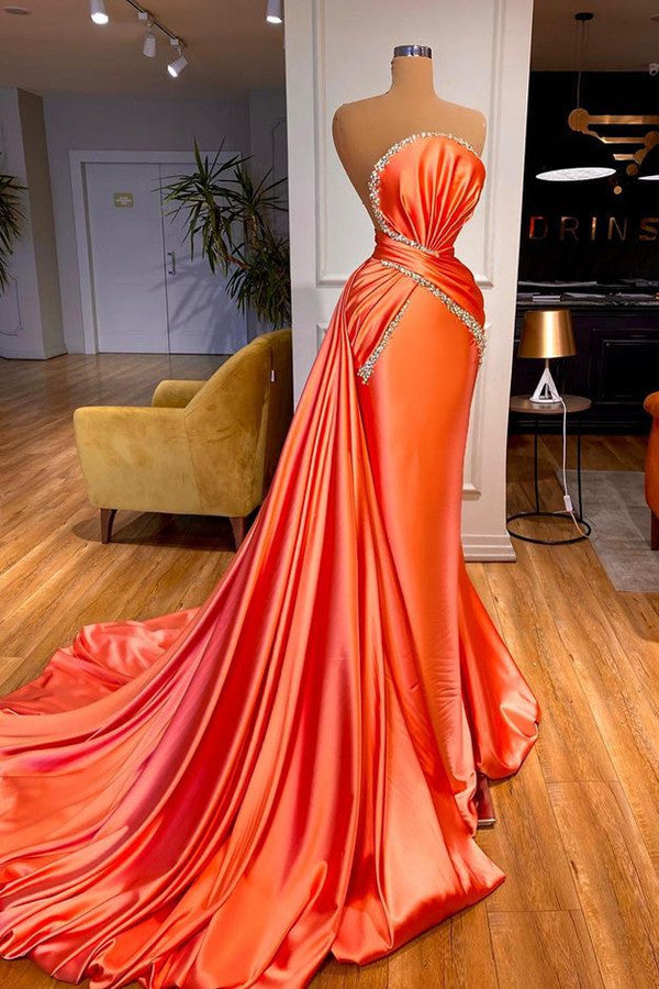 Elegant Orange Crystal Mermaid Prom Dress With Detachable Train,F04802 – DSProm