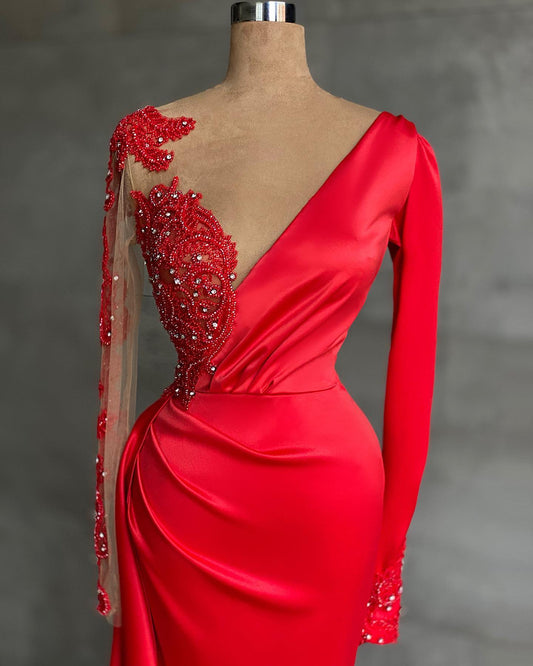 RED LONG SLEEVE V-NECK MERMAID PROM DRESS ONLINE WITH BEADINGS,DS3532
