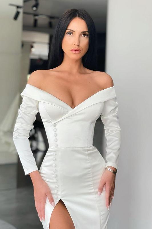 GLAMOROUS WHITE LONG SLEEVES MERMAID EVENING DRESS OFF-THE-SHOULDER SPLIT PROM GOWN,DS3529