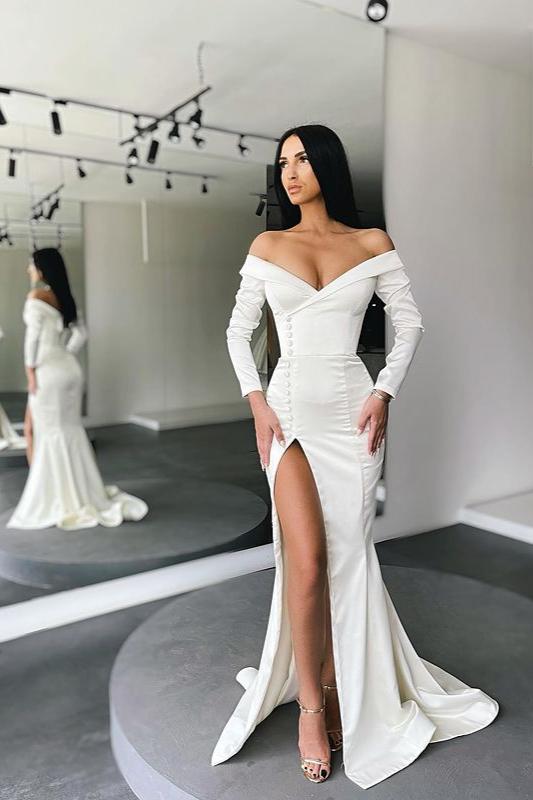 GLAMOROUS WHITE LONG SLEEVES MERMAID EVENING DRESS OFF-THE-SHOULDER SPLIT PROM GOWN,DS3529