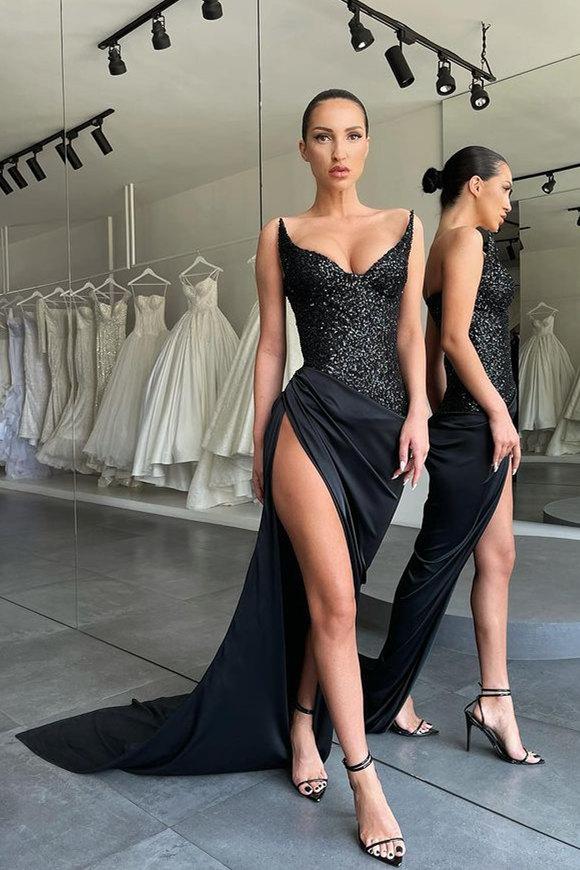 ROBE DE BAL NOIRE UNIQUE, SANS BRETELLES, FENTE HAUTE, LACETS ET PAILLETTES, DS3514