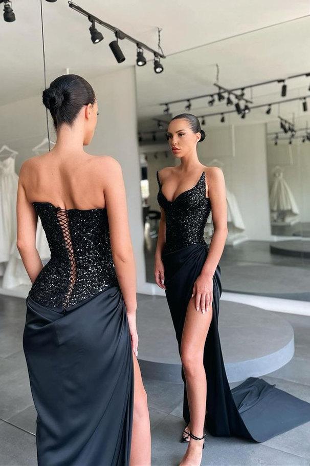 ROBE DE BAL NOIRE UNIQUE, SANS BRETELLES, FENTE HAUTE, LACETS ET PAILLETTES, DS3514