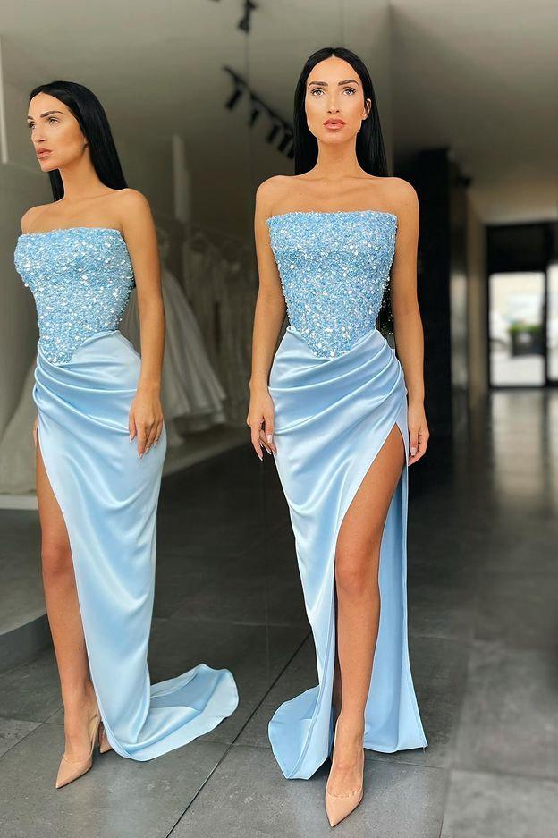 Robe de bal longue bustier bleu ciel tendance à sequins et fente haute, DS3511