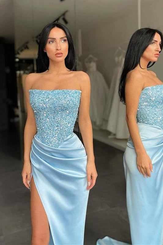 Robe de bal longue bustier bleu ciel tendance à sequins et fente haute, DS3511