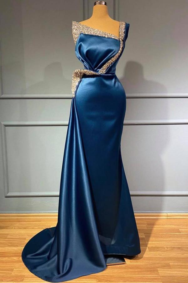 Langes Meerjungfrauen-Ballkleid mit One-Shoulder-Ausschnitt und blauen Perlen und Pailletten, DS3499