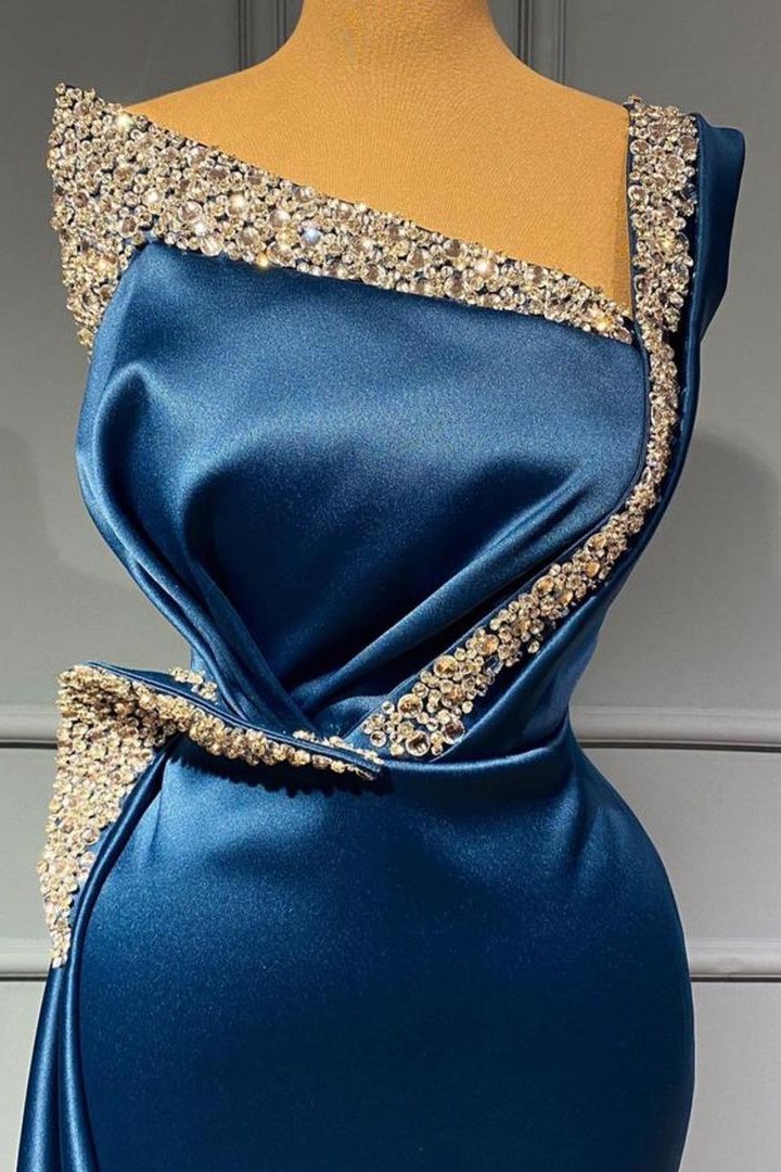 Langes Meerjungfrauen-Ballkleid mit One-Shoulder-Ausschnitt und blauen Perlen und Pailletten, DS3499