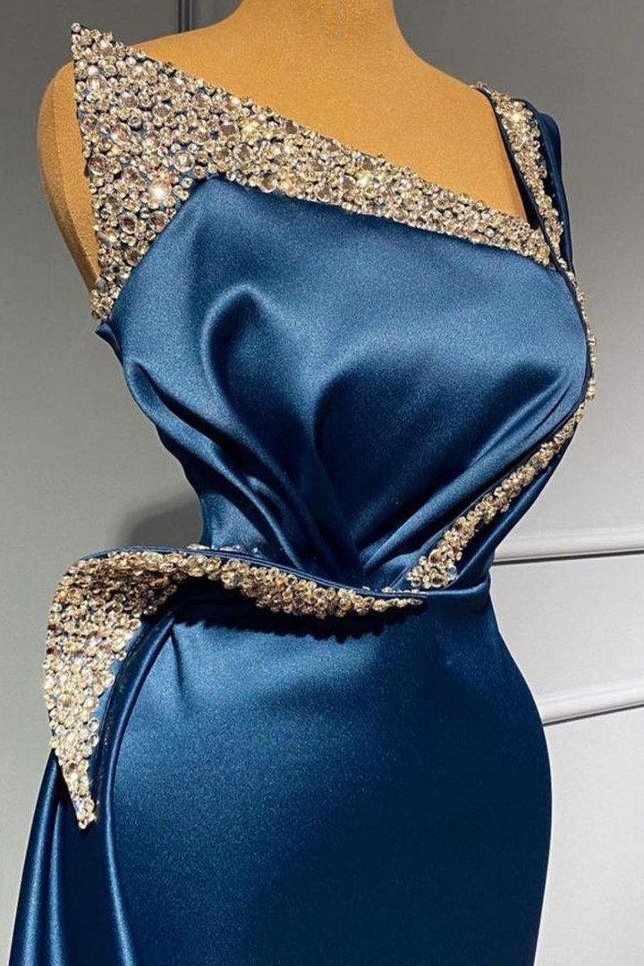 Langes Meerjungfrauen-Ballkleid mit One-Shoulder-Ausschnitt und blauen Perlen und Pailletten, DS3499