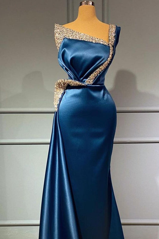 ONE SHOULDER BLUE BEADING SEQUNS LONG MERMAID PROM DRESS,DS3499