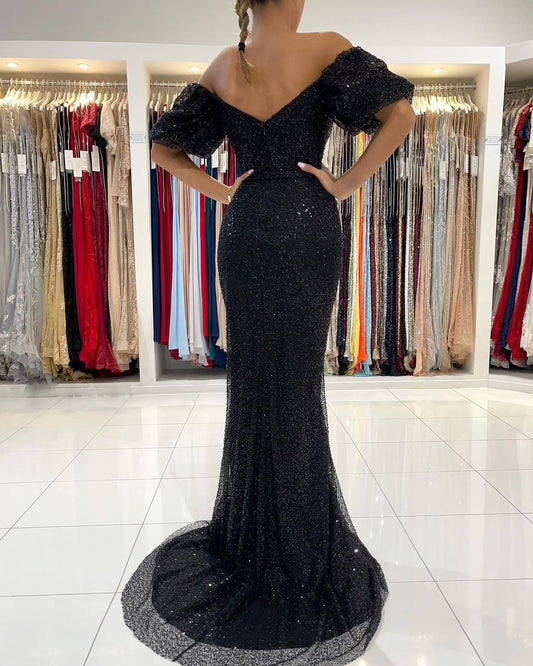 SEXY OFF-THE-SHOULDER BLACK MERMAID SEQUINS PROM DRESS LONG WITH SLIT,DS3498