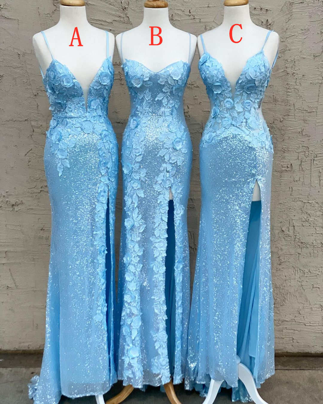 Glitter Sky Blue Sequins Long Prom Dress with Flower Appliques,DS5003